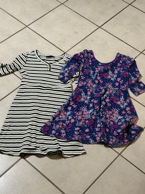 Old Navy Kids Girls' Blue/Black Floral Striped Long-Sleeve Dress Casual Size S